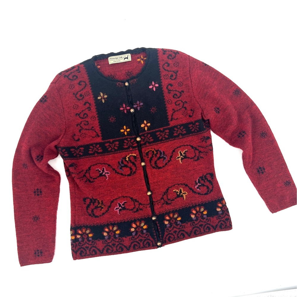 Peruvian Link Alpaca Collection Cardigan Red Black Floral Cabin Skiing Warm Cozy